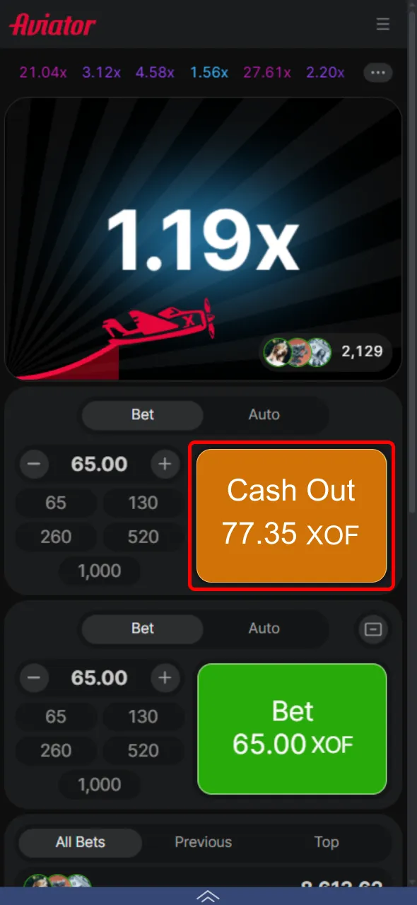 Décidez du moment pour encaisser dans Aviator sur 1xBet.