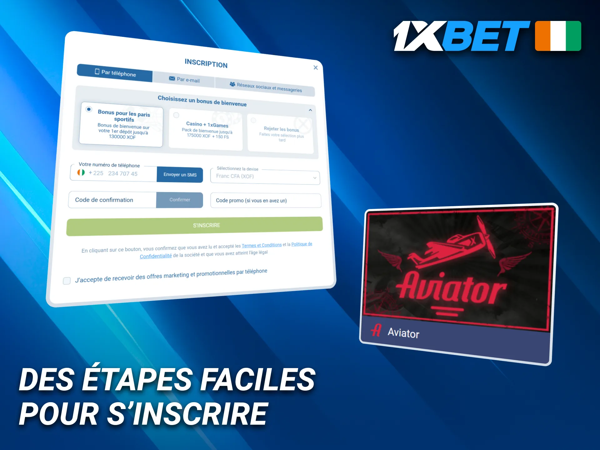 Suivez les étapes simples pour vous inscrire et jouer à Aviator sur 1xBet.