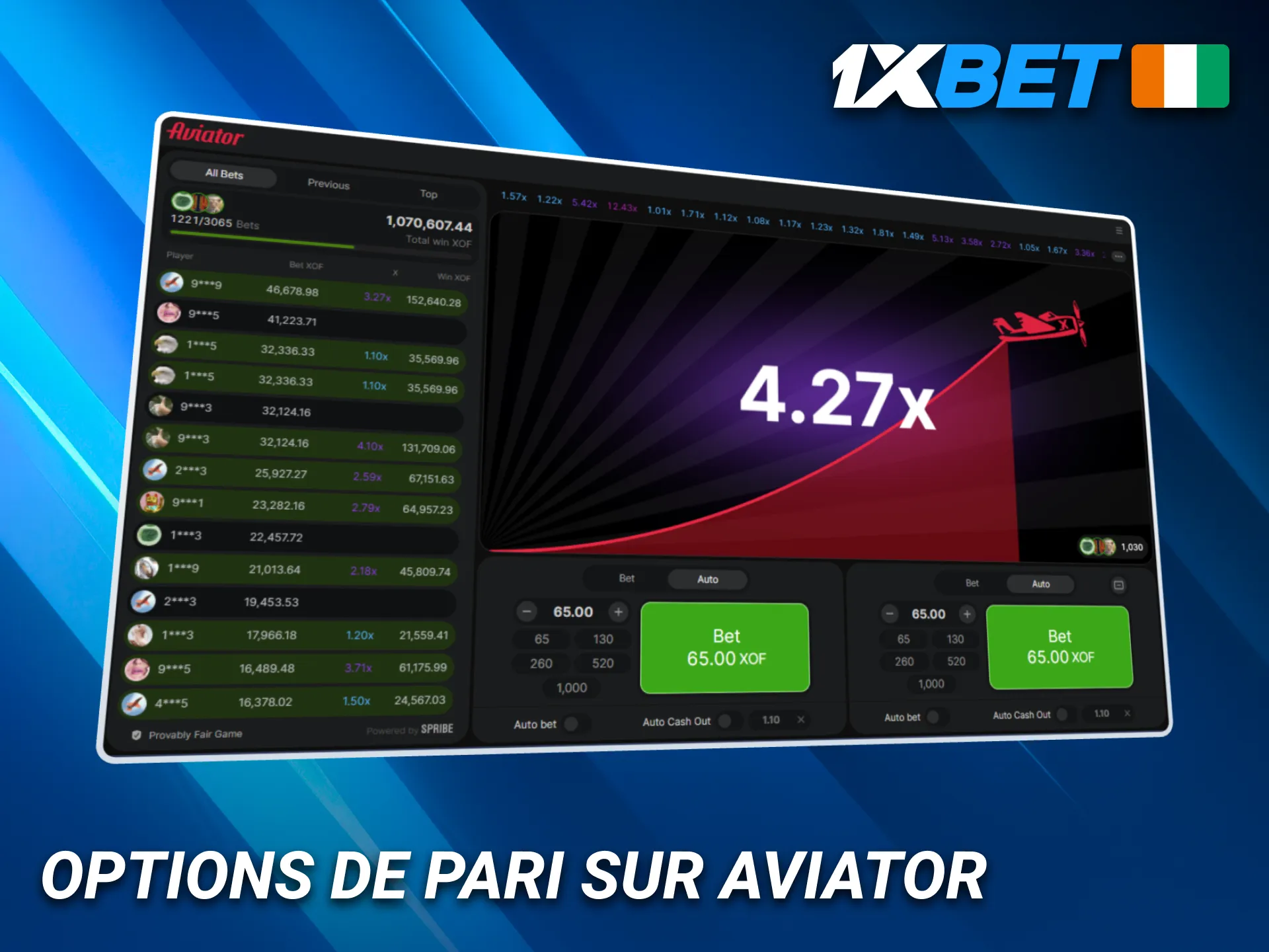 Découvrez toutes les options de paris Aviator sur 1xBet.