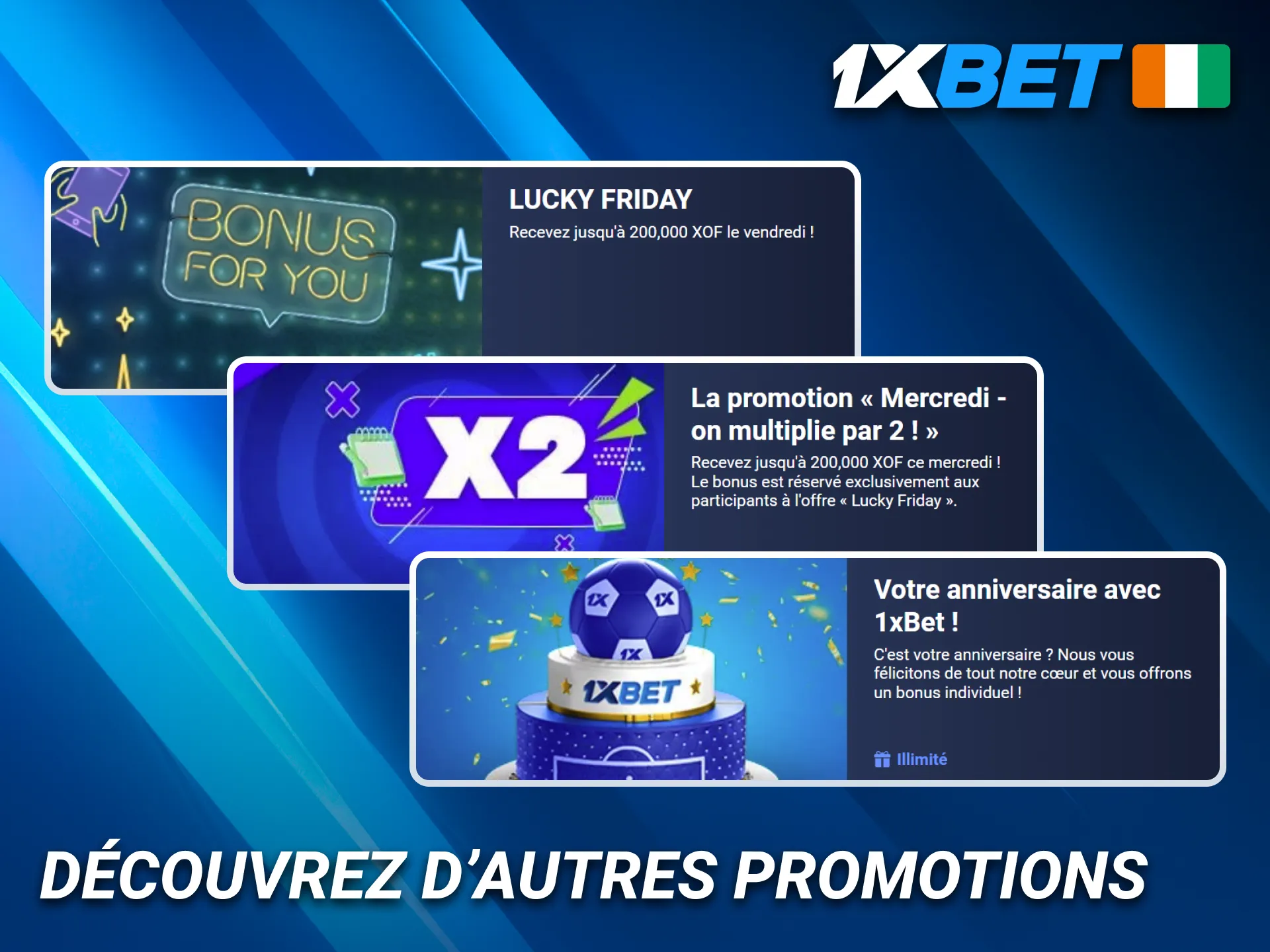 Découvrez toutes les autres promotions disponibles chez 1xBet en Côte d’Ivoire.