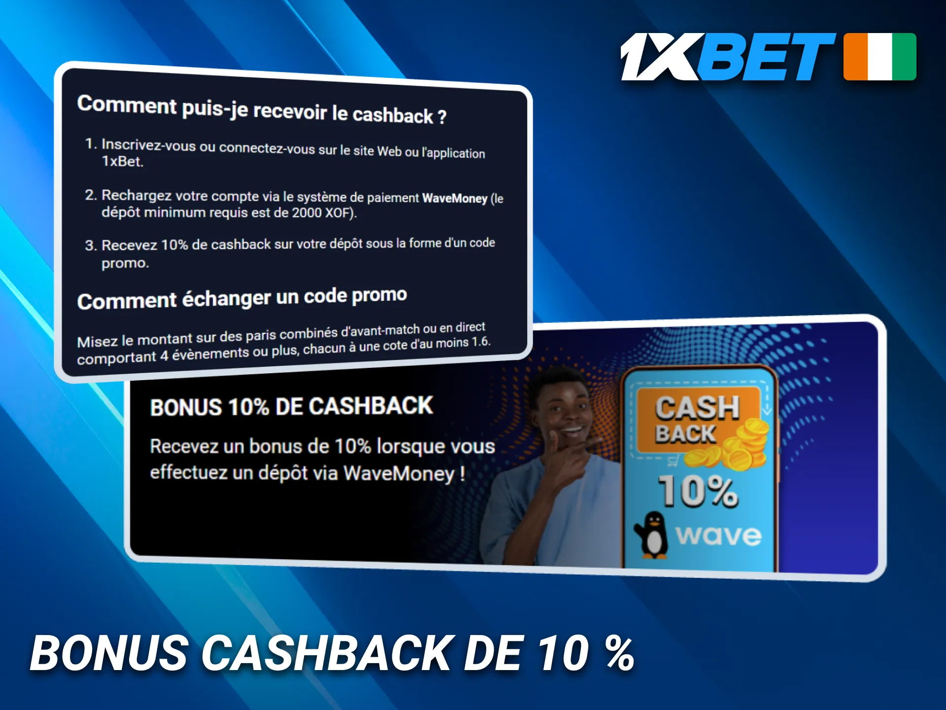 Les joueurs ivoiriens bénéficient d’un bonus cashback 10% sur 1xBet.