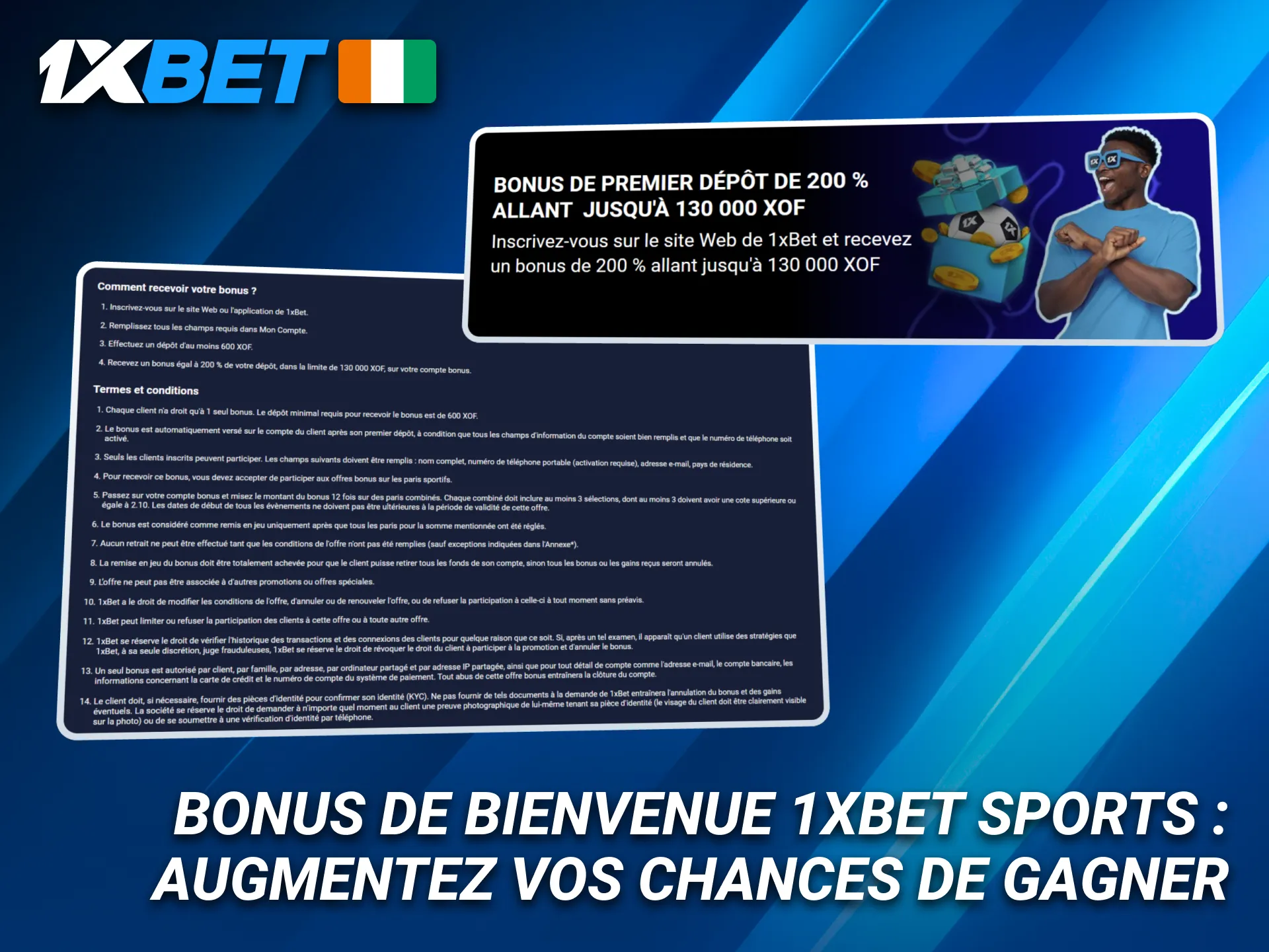Le bonus de bienvenue sportif 1xBet aide les joueurs ivoiriens à gagner.