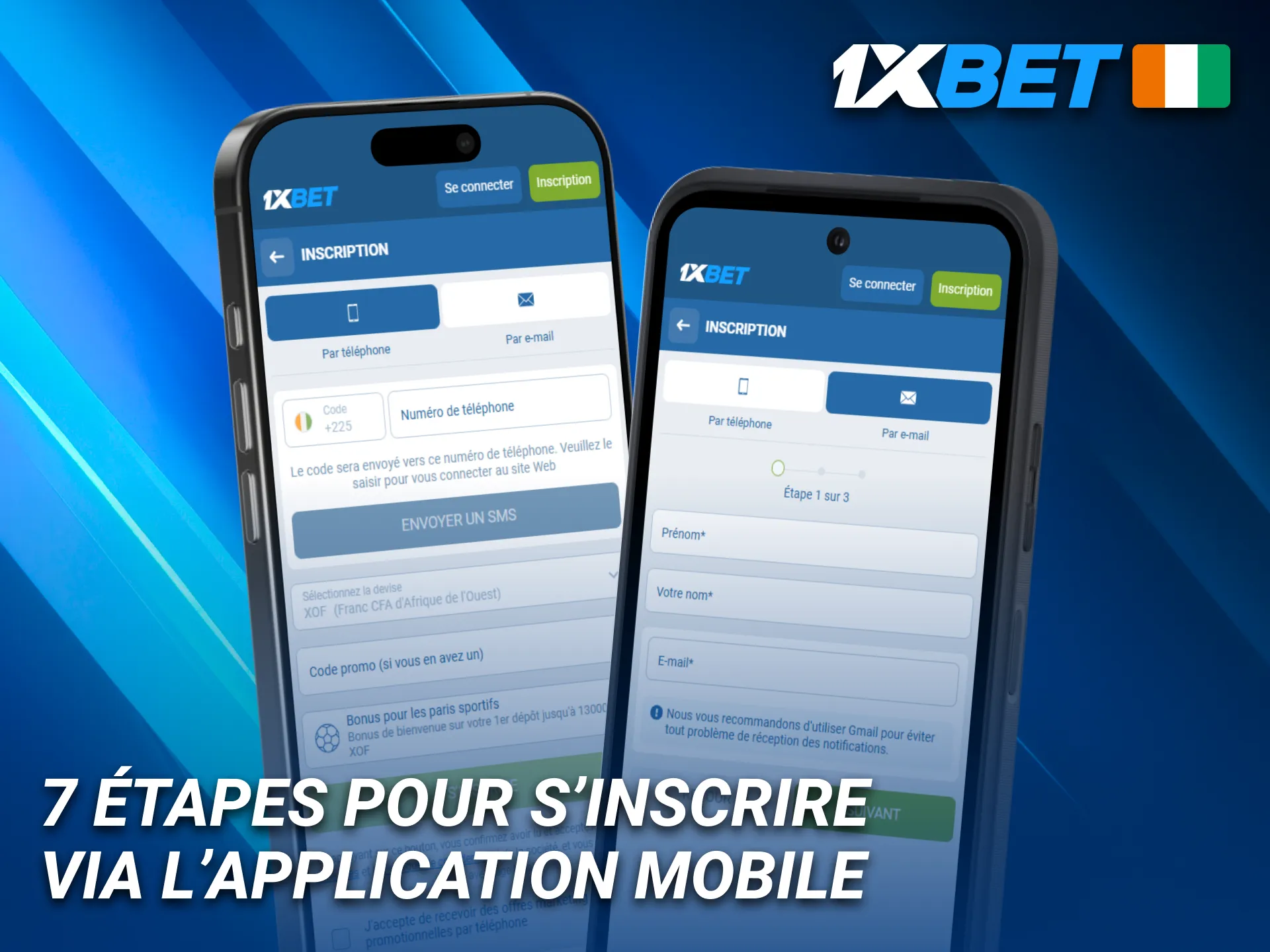 Inscription mobile 1xBet en 7 étapes simples sur application iOS ou Android.