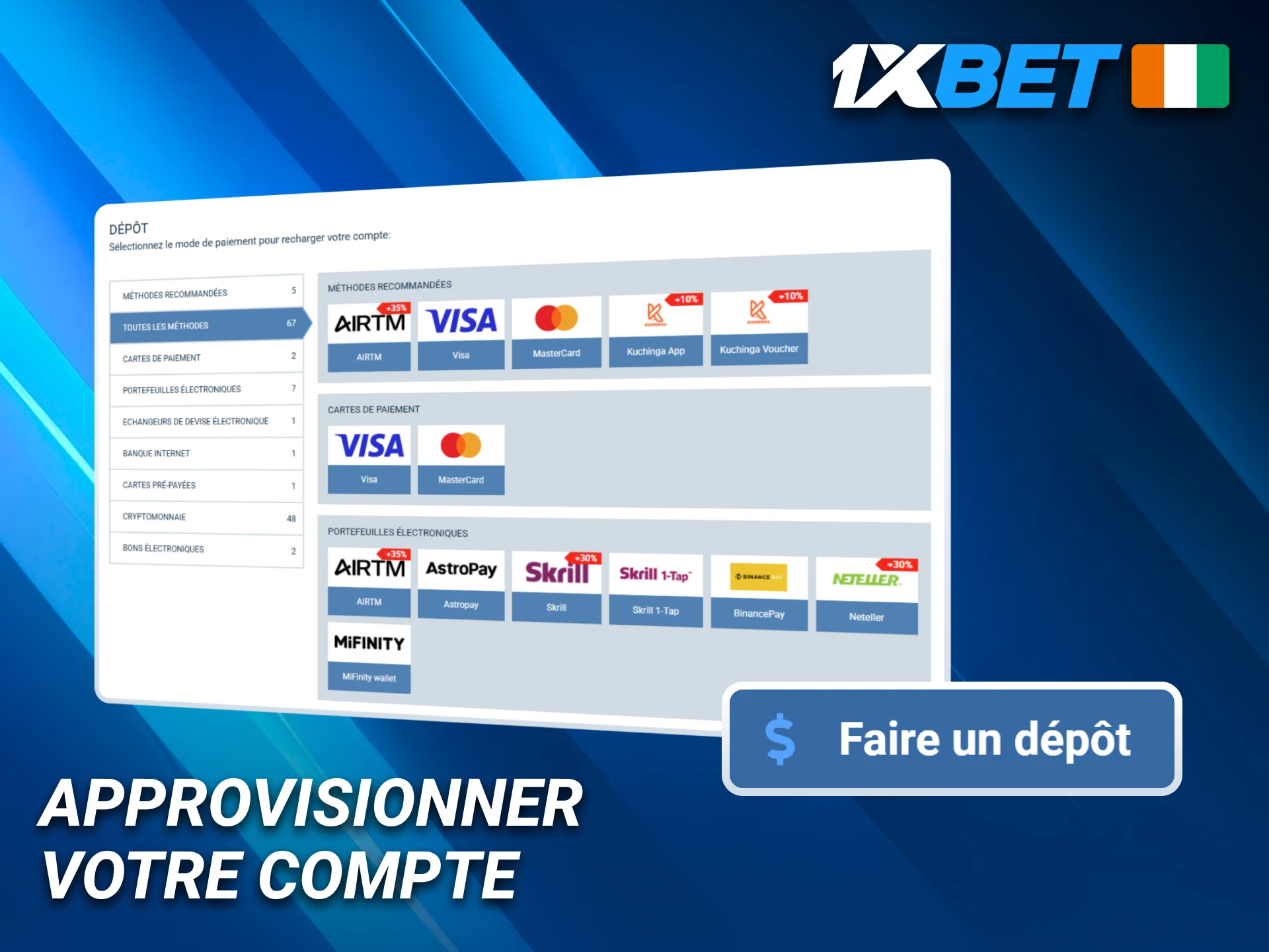 Alimentez votre compte sur 1xBet.