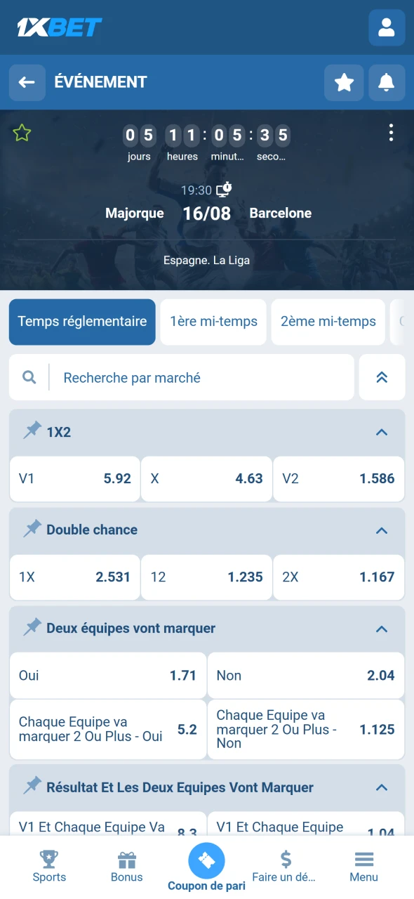 Sélectionnez un événement et un type de pari sur 1xBet.