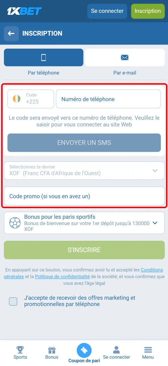 Entrez vos coordonnées pour vous inscrire via l’application 1xBet.