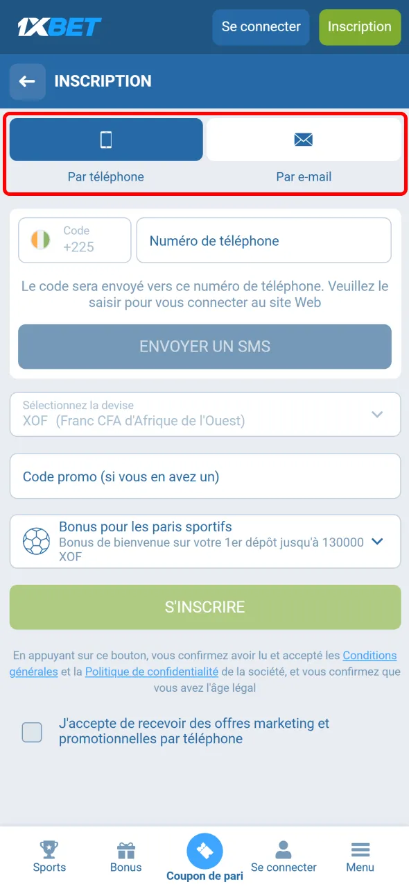 Choisissez une méthode d’inscription disponible dans l’application 1xBet en Côte d’Ivoire.