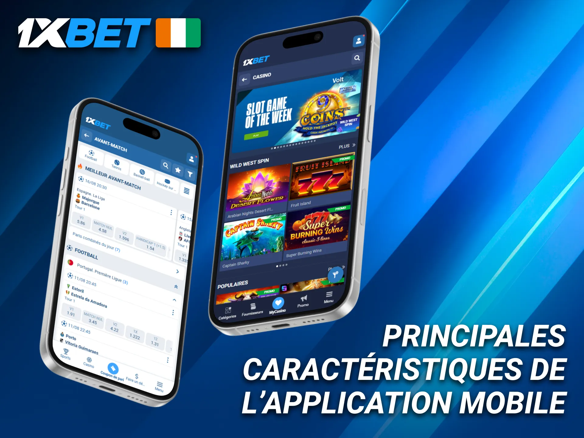 Fonctionnalités principales offertes par l’application mobile 1xBet en Côte d’Ivoire.