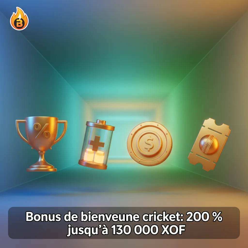 Bannière promo cricket: bonus de bienvenue 200 % jusqu’à 130 000 XOF sur 1er dépôt; roulement 5x, cotes 1,40+, validité 30 j