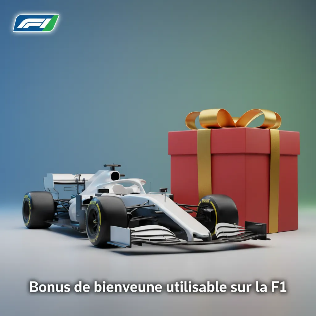 Bannière promo: bonus de bienvenue pour paris F1, utilisable pré-match et en direct; montant en XOF, conditions requises.