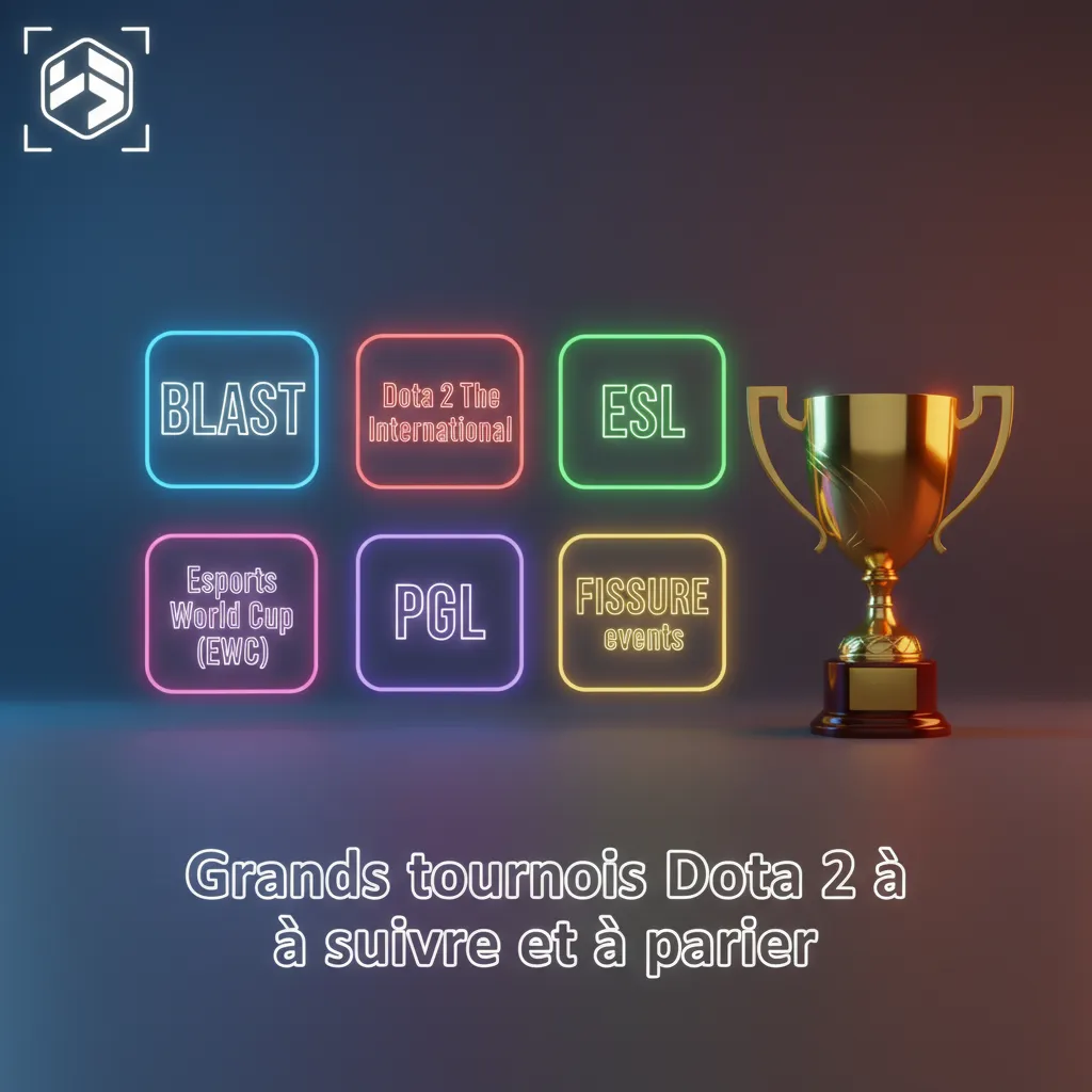 Affiche promo Dota 2: grands tournois (TI, BLAST, ESL, PGL, EWC), paris pré-match et en direct, horaires adaptés Abidjan.