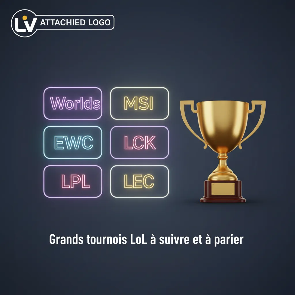 Affiche des grands tournois LoL: Worlds, MSI, EWC, LCK, LPL, LEC, avec calendrier et cotes de paris.