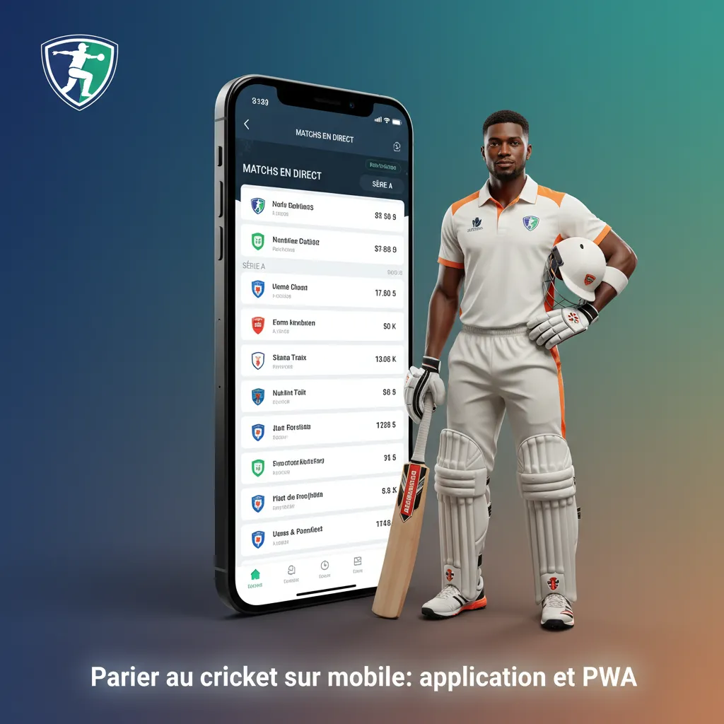 Deux smartphones affichant une app de pari cricket, onglets Pré‑match/Live, icônes Android et PWA, mode sombre activé