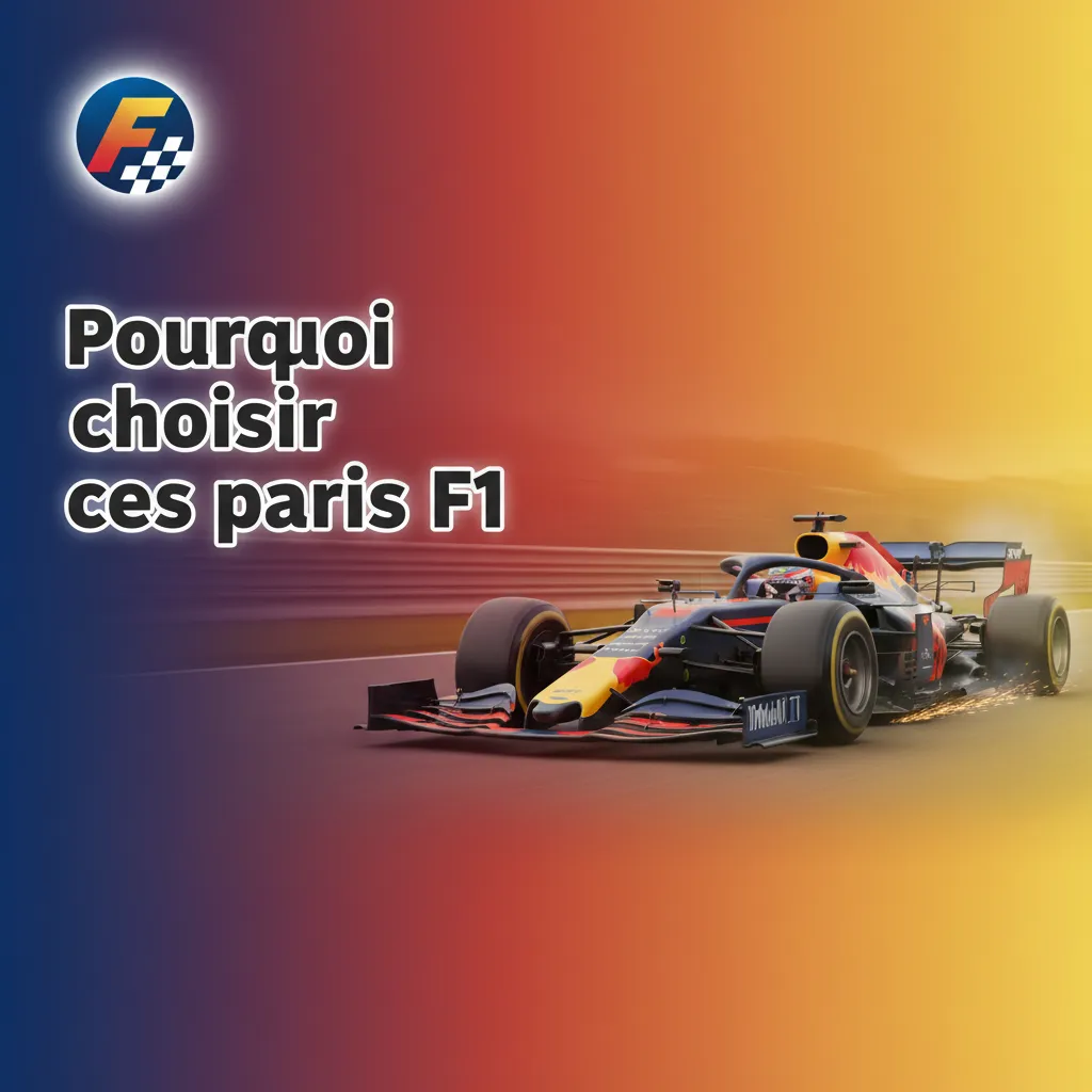 Infographie ‘Pourquoi choisir ces paris F1’ avec icônes: marchés variés, cotes live, cash out, stats/météo, XOF, jeu resp.