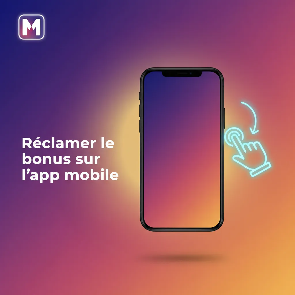 Écran de smartphone montrant l’app: créer un compte, déposer, activer et réclamer le bonus de bienvenue.