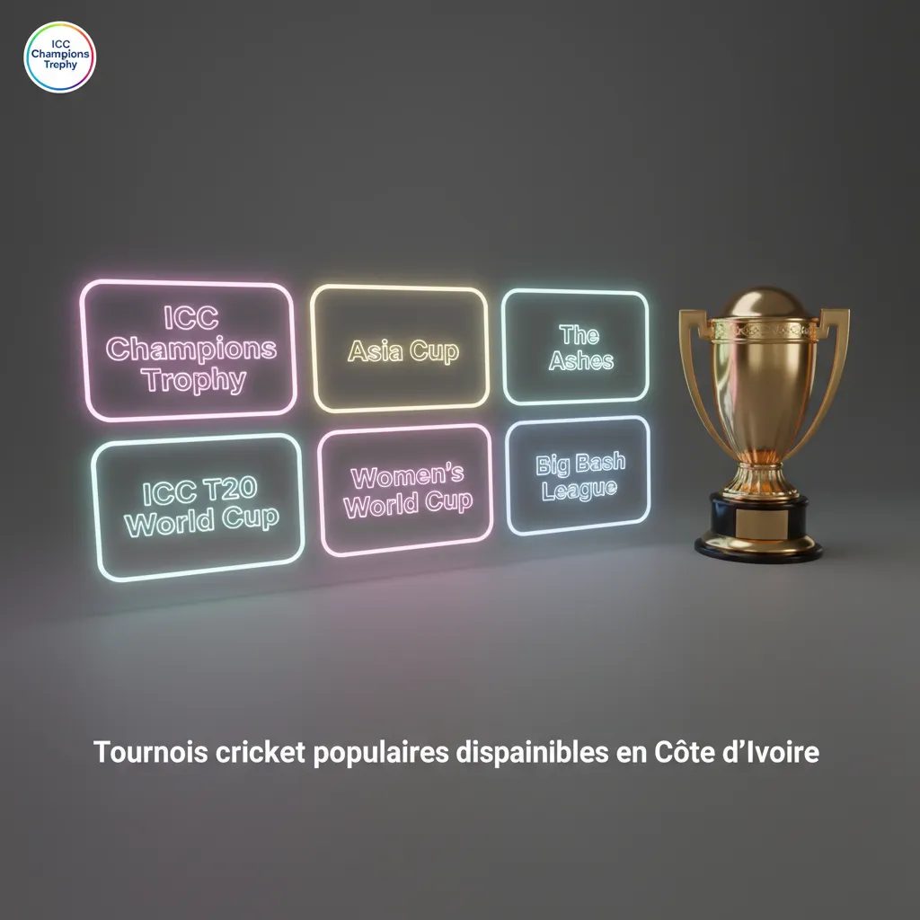 Infographie des principaux tournois de cricket disponibles en Côte d’Ivoire pour parier, avec cotes live et marchés clés.