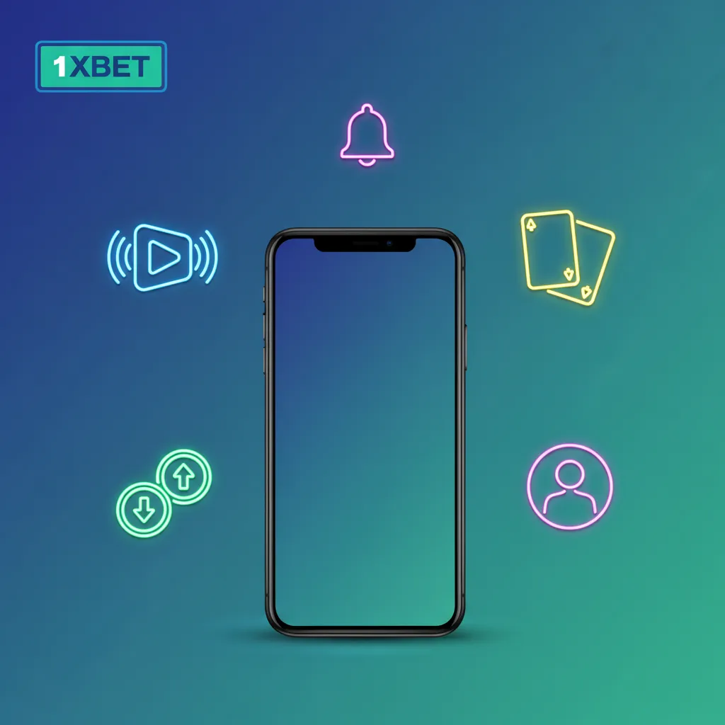 Écran de l’app 1xbet: paris en direct, casino, dépôts/retraits XOF, cash out, stats et notifications de buts.