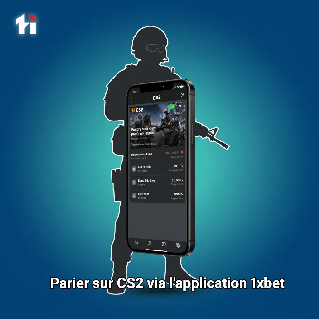 Smartphone avec l’app 1xbet ouverte: E-sports CS2, cotes en temps réel, paris en direct, bouton Parier visible.