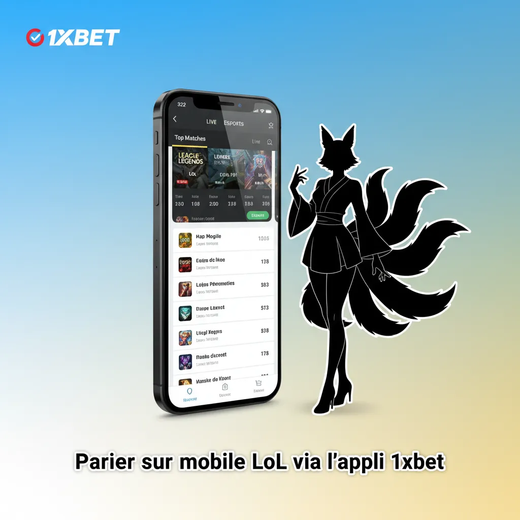 Écran de smartphone montrant l’appli 1xbet pour parier sur LoL, cotes en direct et marchés e-sport.