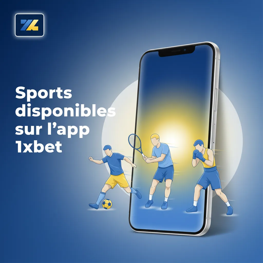 Écran de l’app 1xbet montrant les sports: football, basket, tennis, handball, rugby, boxe, MMA, eSports, volley
