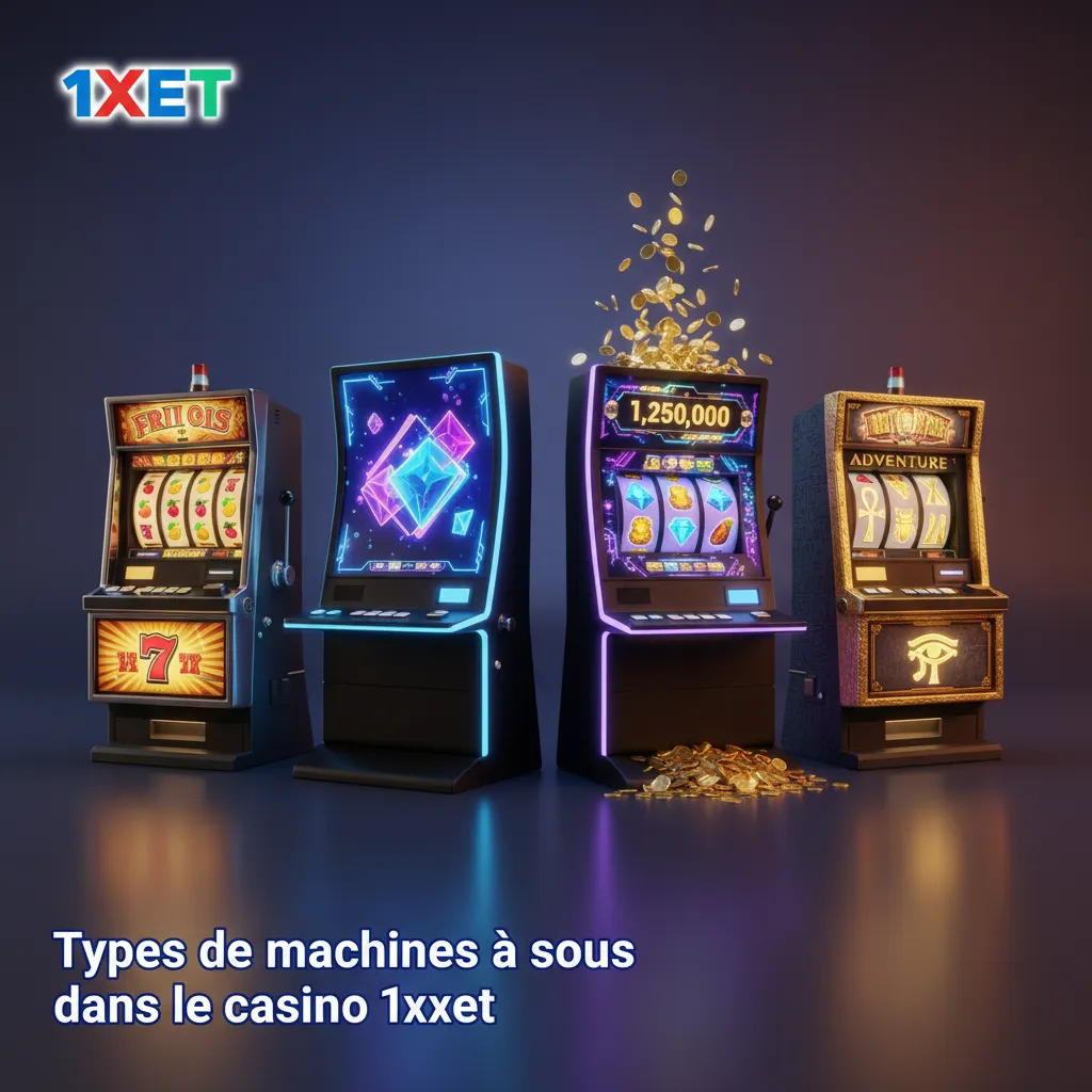 Infographie 1xbet: types de machines à sous – 3 rouleaux, 5 rouleaux, Megaways, Hold and Win, achat de bonus, jackpots.
