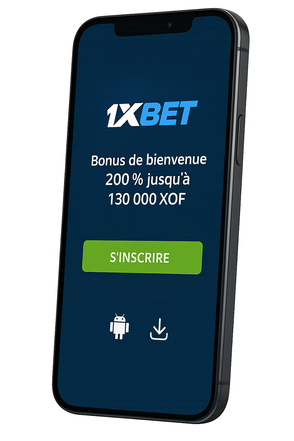 Annonce app 1xBet sur Android et iOS, bonus 200% jusqu'à 130 000 XOF. Téléchargement gratuit pour parier sur mobile.
